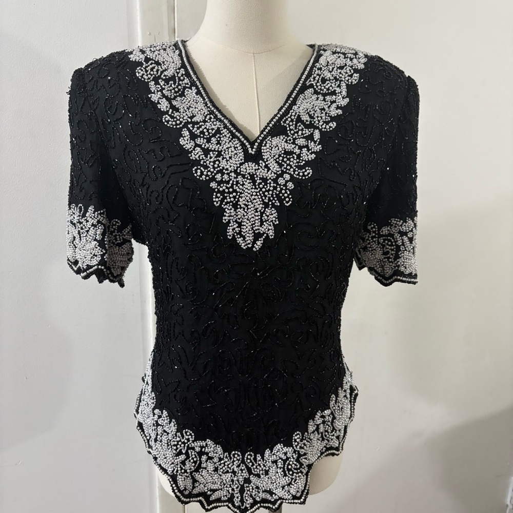 Vtg Laurence Kazar Silk Blouse Women Black White Faux Pearl Beaded Elegant Sz M